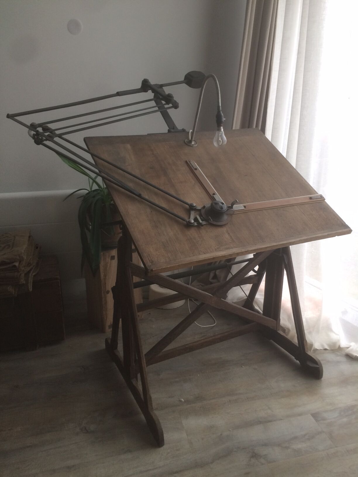Wooden architect's table and metal movable arm 1950