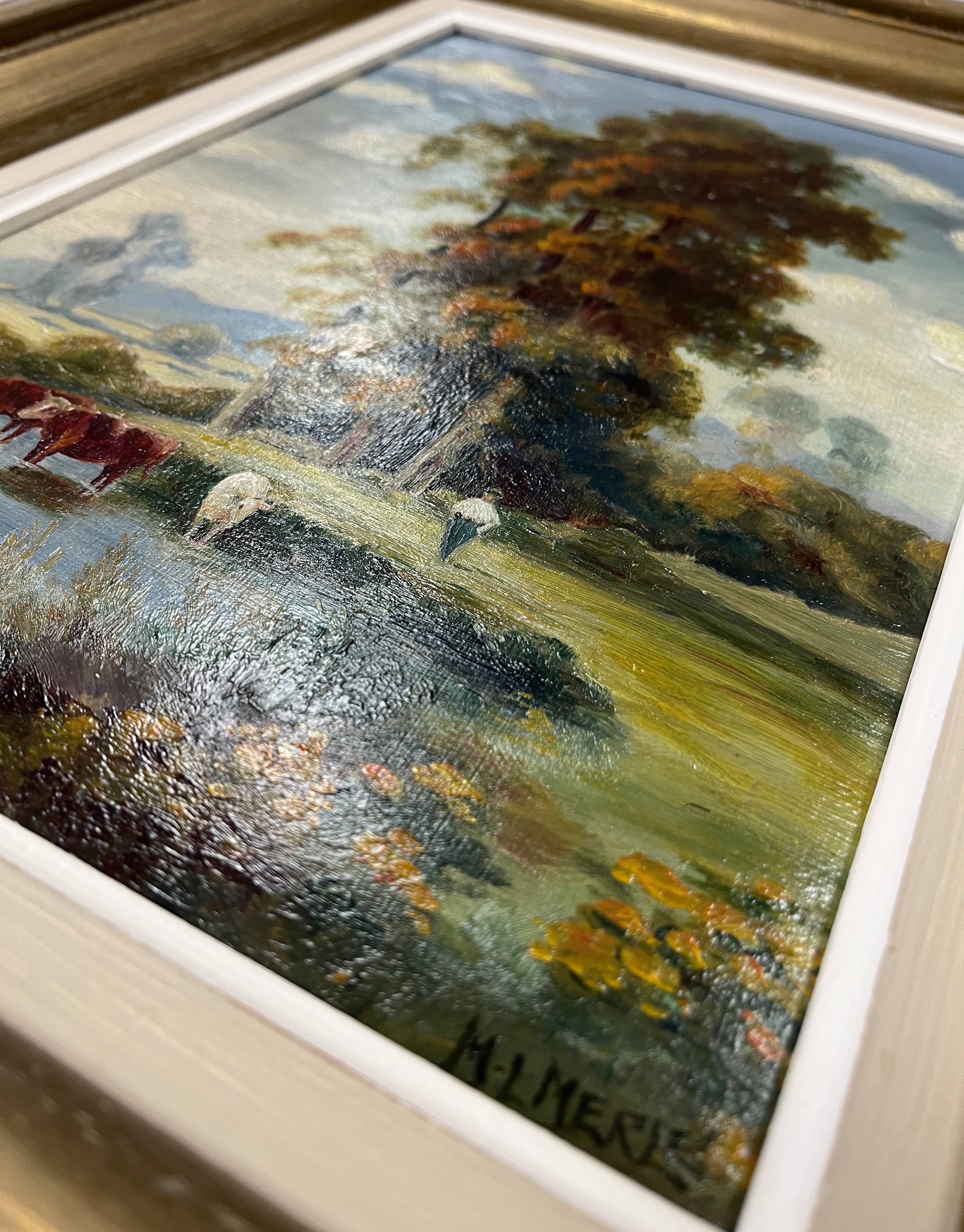 Hsp painting pastoral landscape post barbizon circa 1950 + signed frame