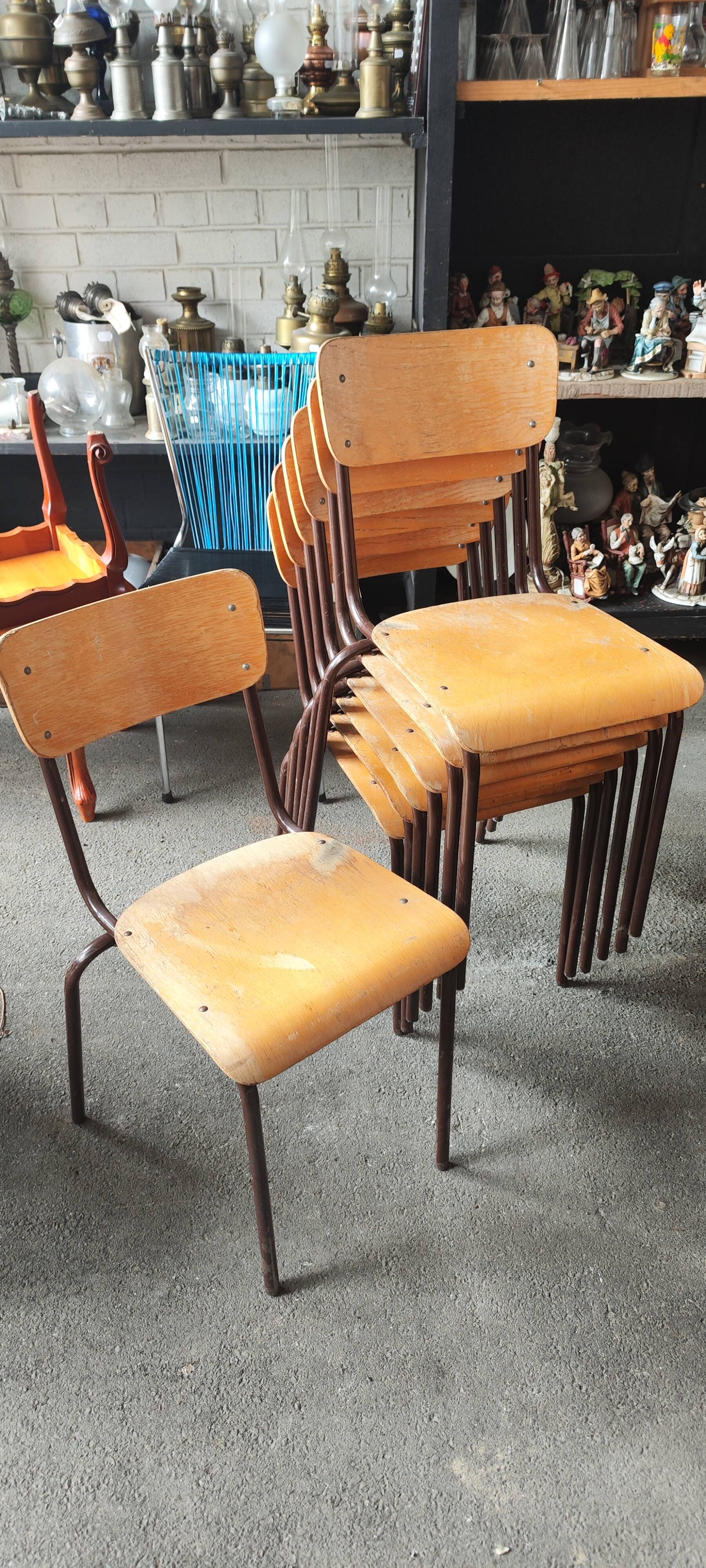 Set of six rounded back metal and wood school chairs