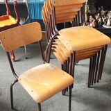 Set of six rounded back metal and wood school chairs