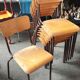Set of six rounded back metal and wood school chairs