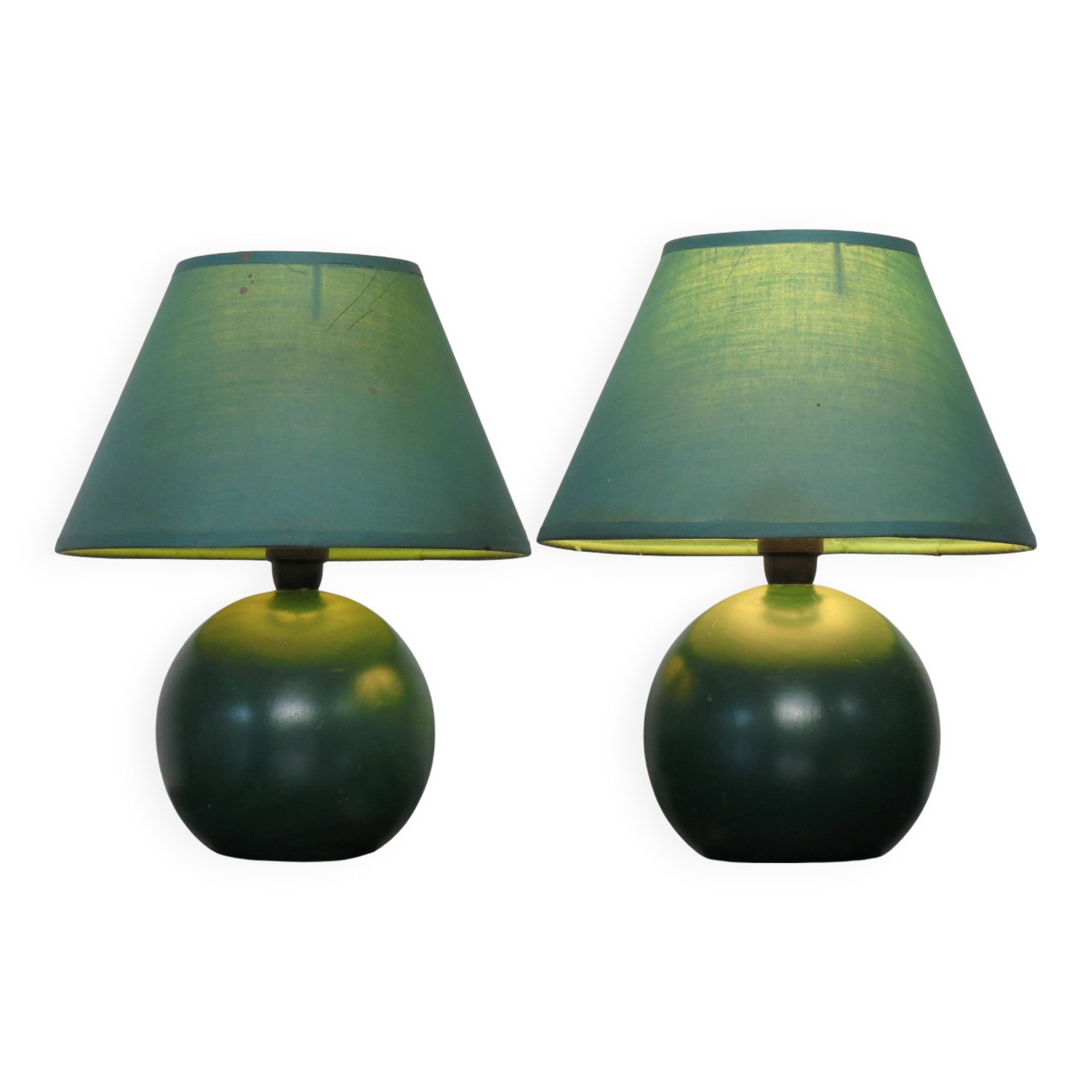 Pair of small green wooden ball lamps