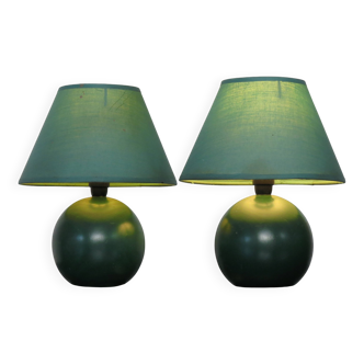Pair of small green wooden ball lamps