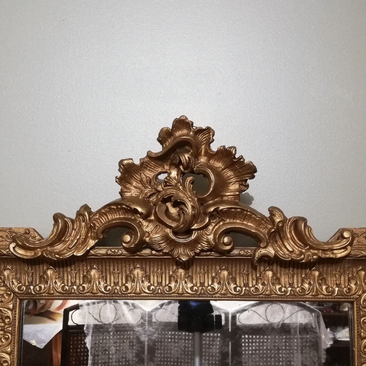 Mirror with pediment rocaille in gilded wood and stucco Louis XV style