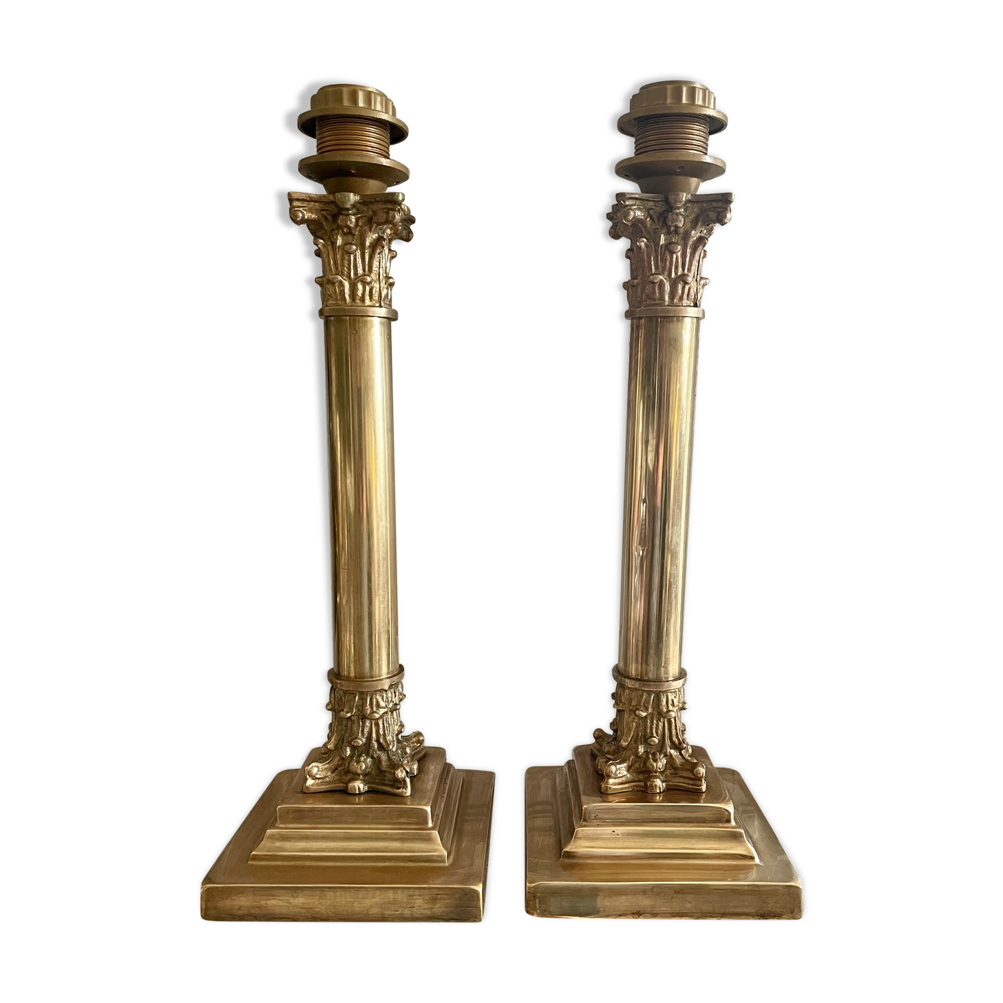 Pair of brass and bronze column lamp 44cm