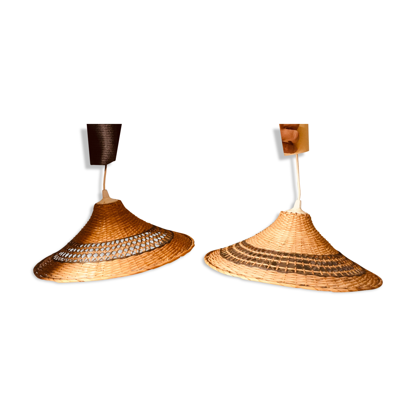 Pair of vintage wicker hanging lamps