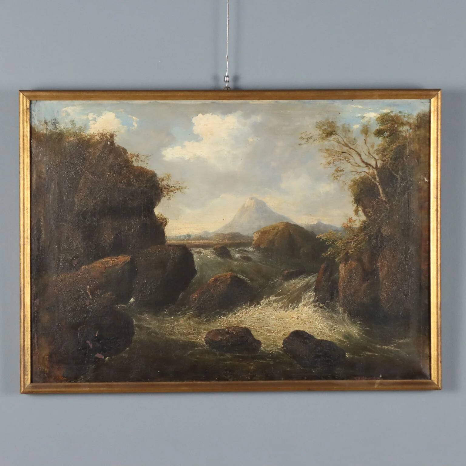 Old painting of a landscape with a river, oil on canvas, 19th century.