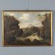 Old painting of a landscape with a river, oil on canvas, 19th century.