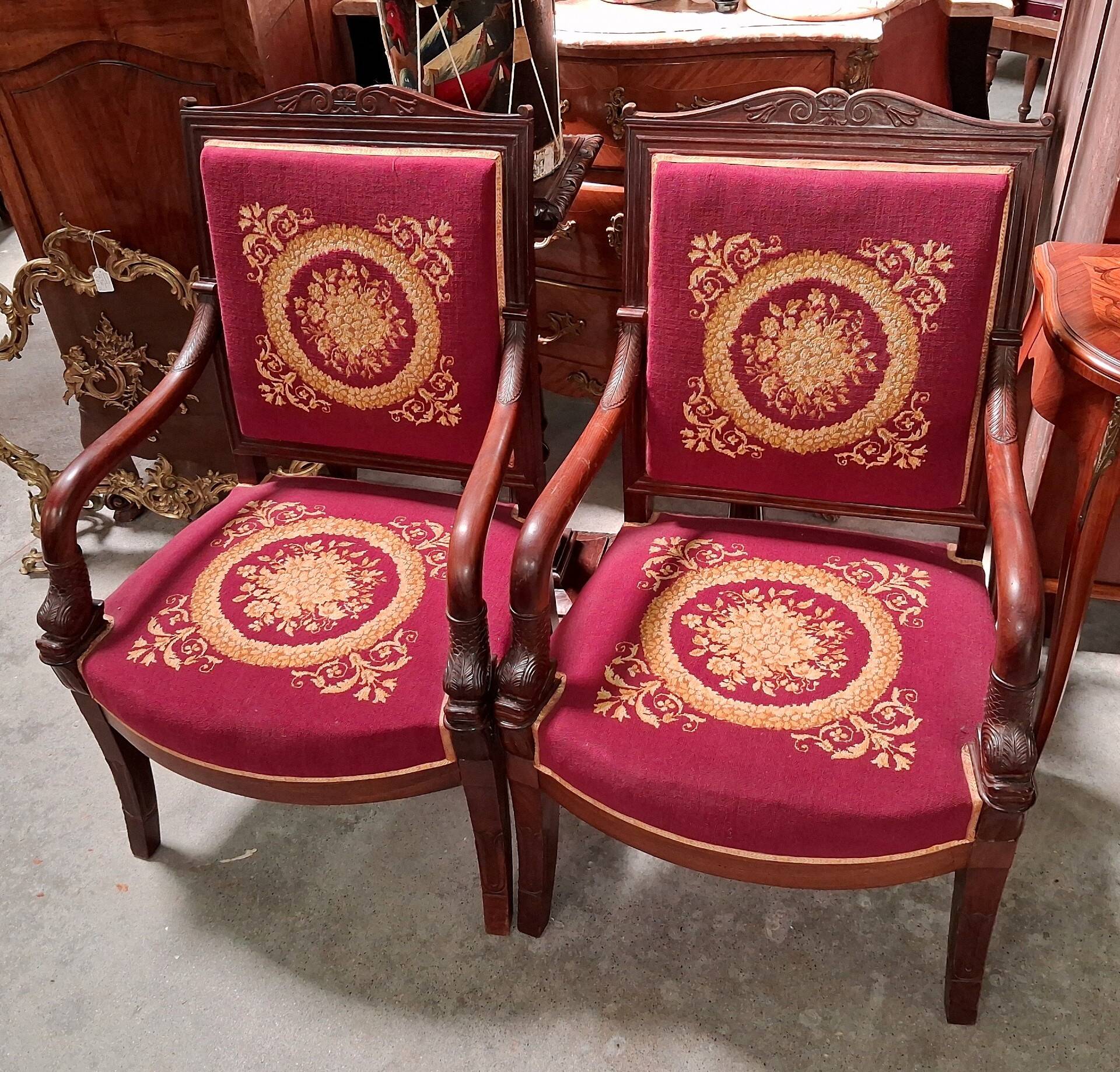 Pair of Empire Period Armchairs in Mahogany, Upholstered with Petit Point