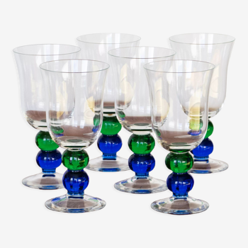 6 verres à pied en cristal vintage, pied bulle vert et bleu