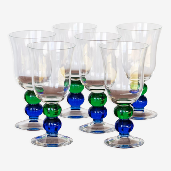 6 vintage crystal stemmed glasses, green and blue bubble foot