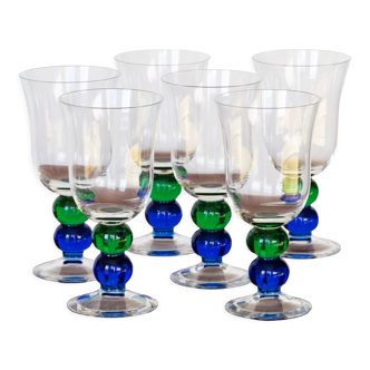 6 verres à pied en cristal vintage, pied bulle vert et bleu
