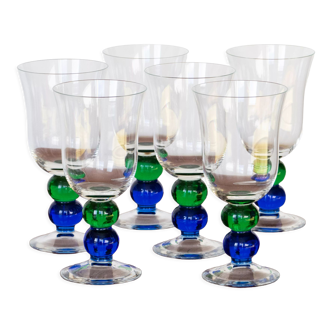 6 vintage crystal stemmed glasses, green and blue bubble foot