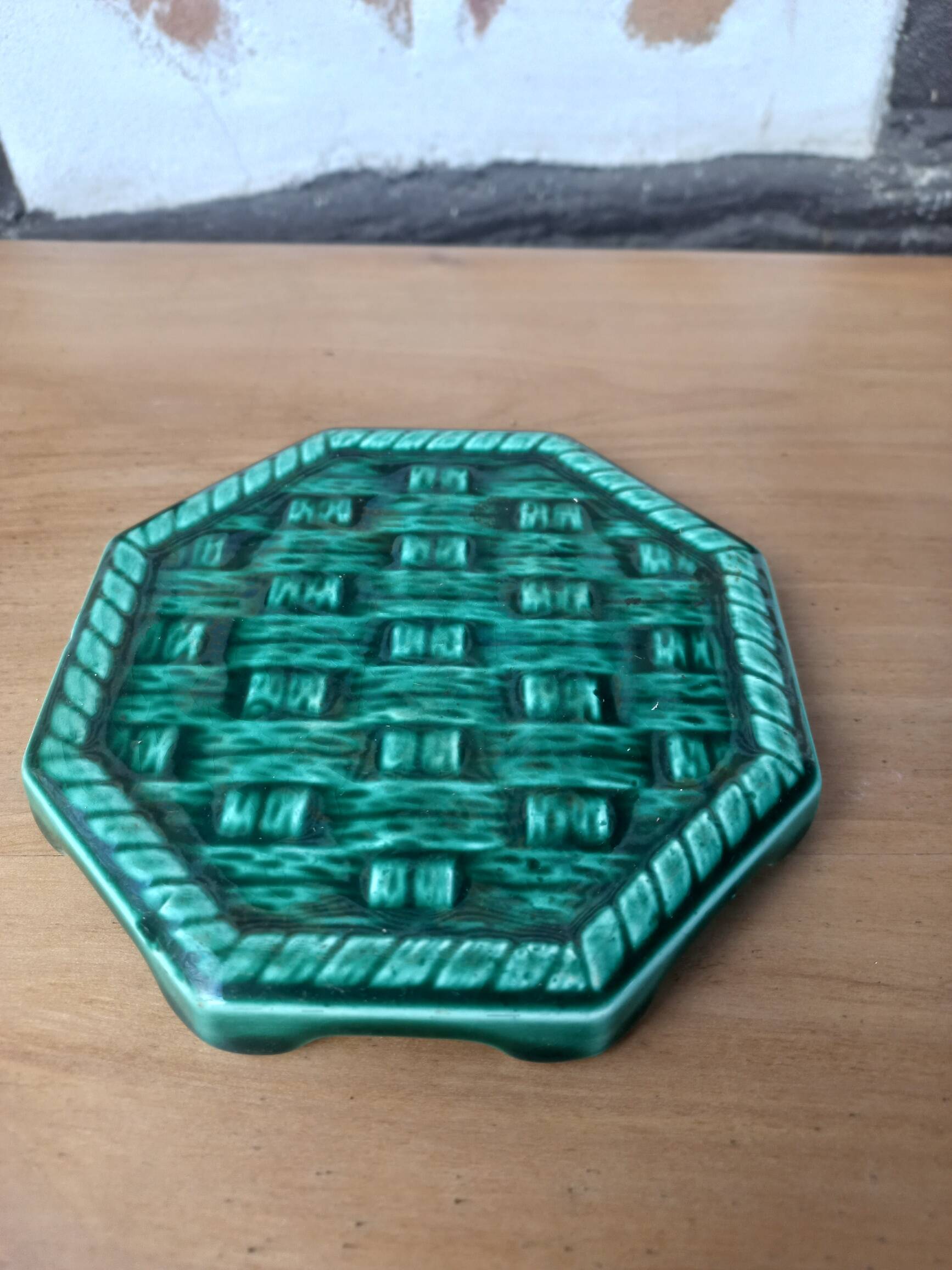 Pair of Digoin Sarreguemines barbotine bottle coasters