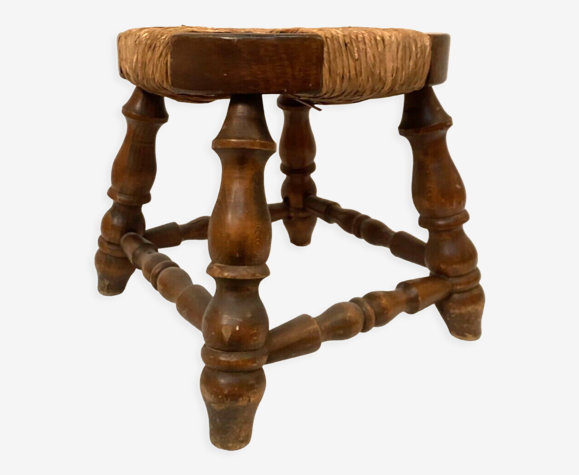 Tabouret rustique en bois et assise paille naturelle XX siècle