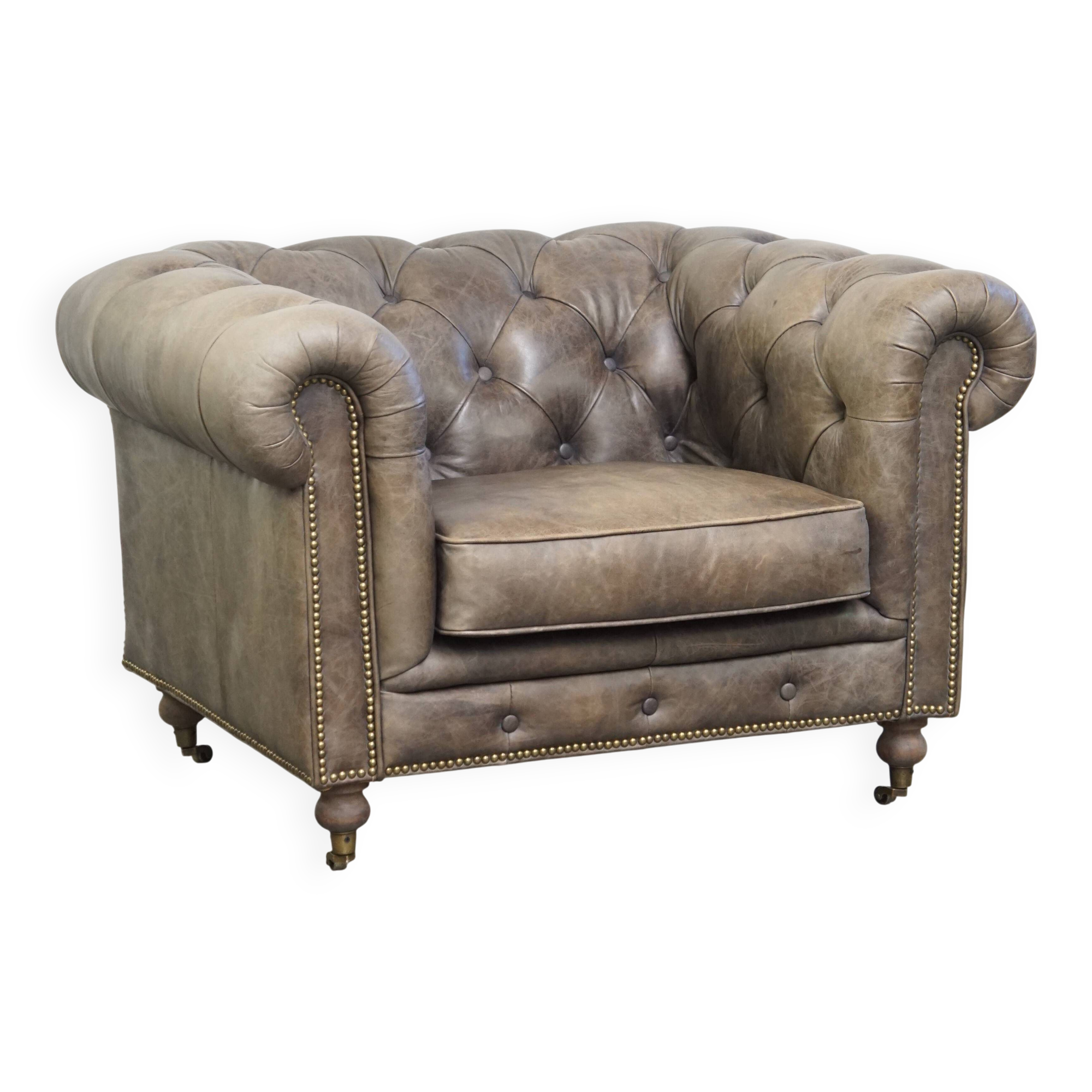 Grey Cowhide Leather Chesterfield Club Armchair in English Style on Casters