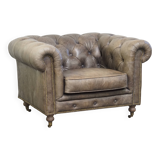 Grey Cowhide Leather Chesterfield Club Armchair in English Style on Casters