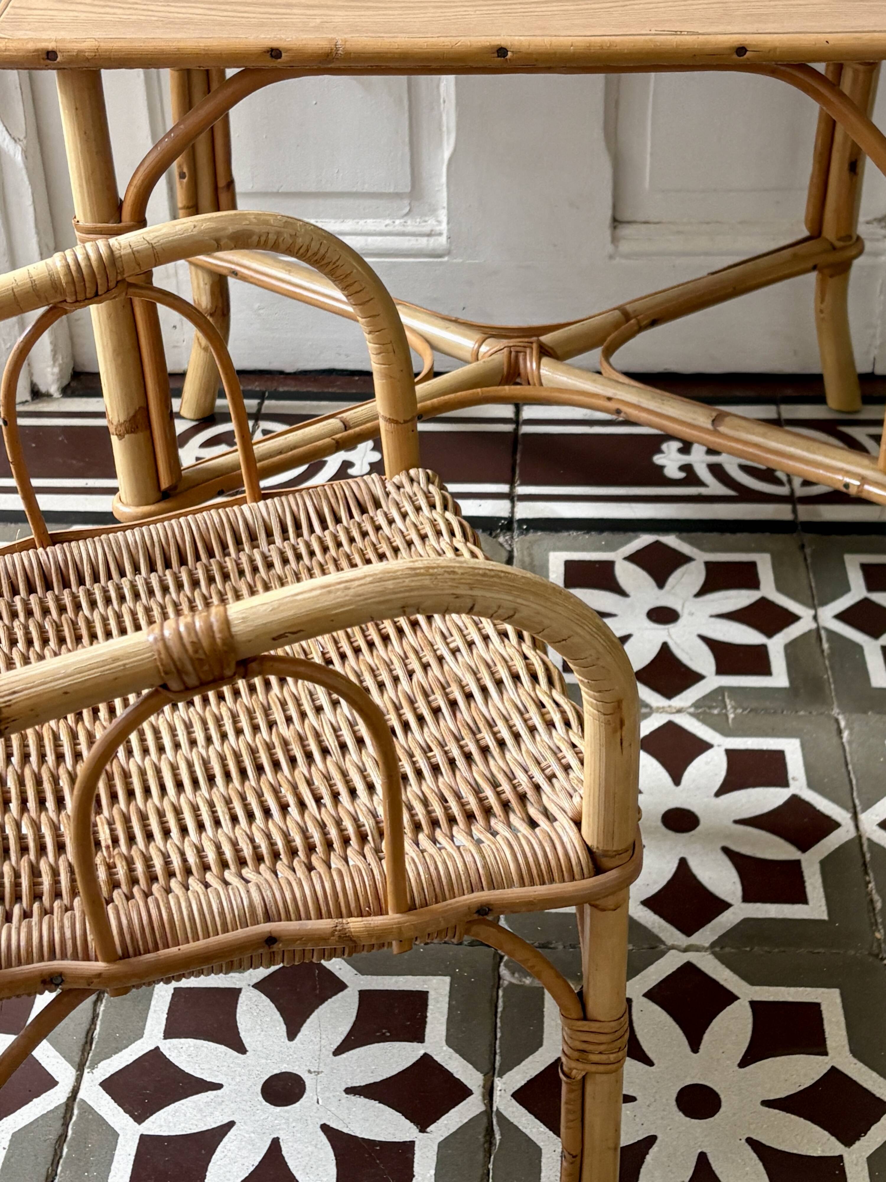 Vintage rattan desk and chair set for children