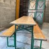 Lot one table and two vintage benches