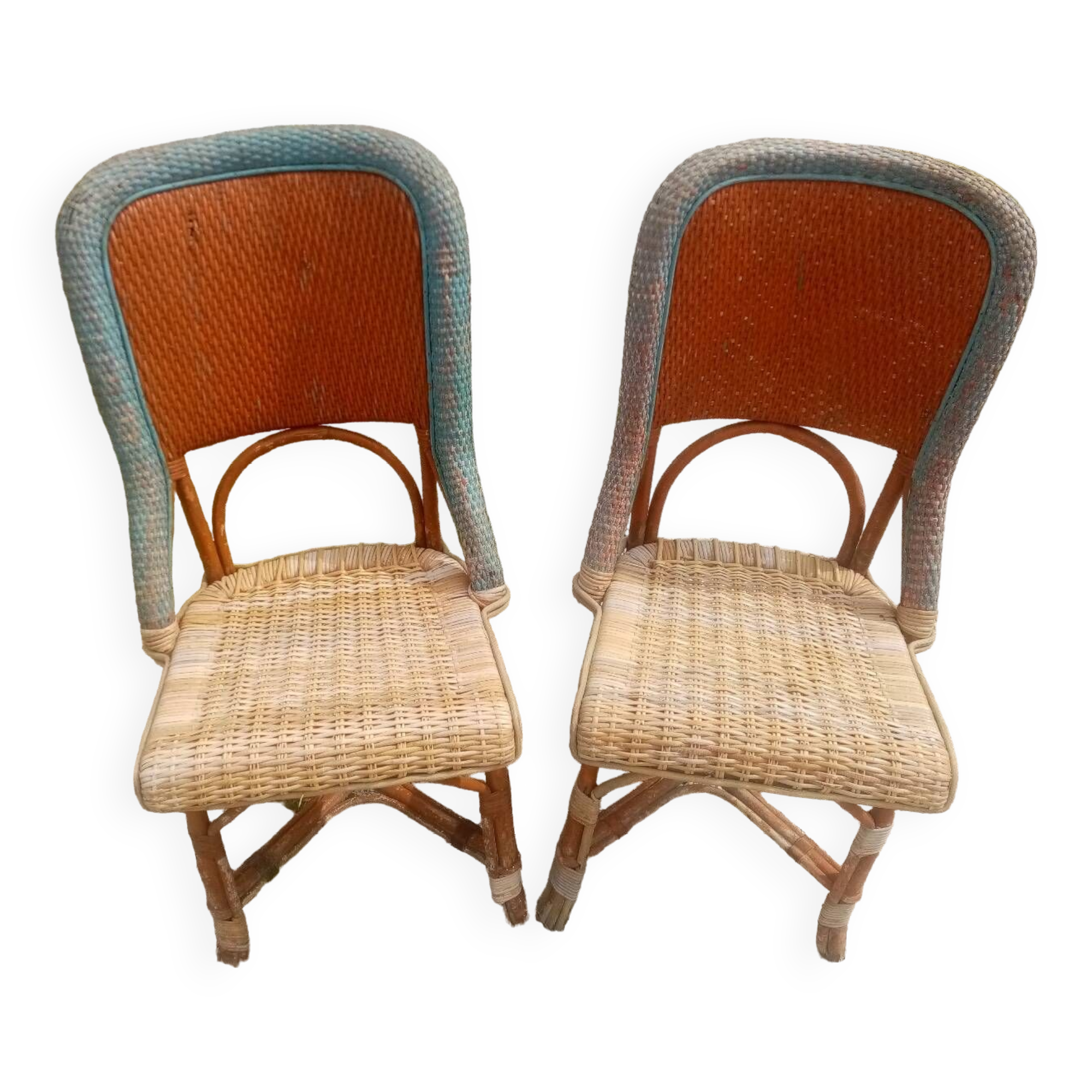 Pair of art deco garden chairs in patinated woven wicker