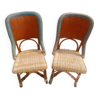 Pair of art deco garden chairs in patinated woven wicker