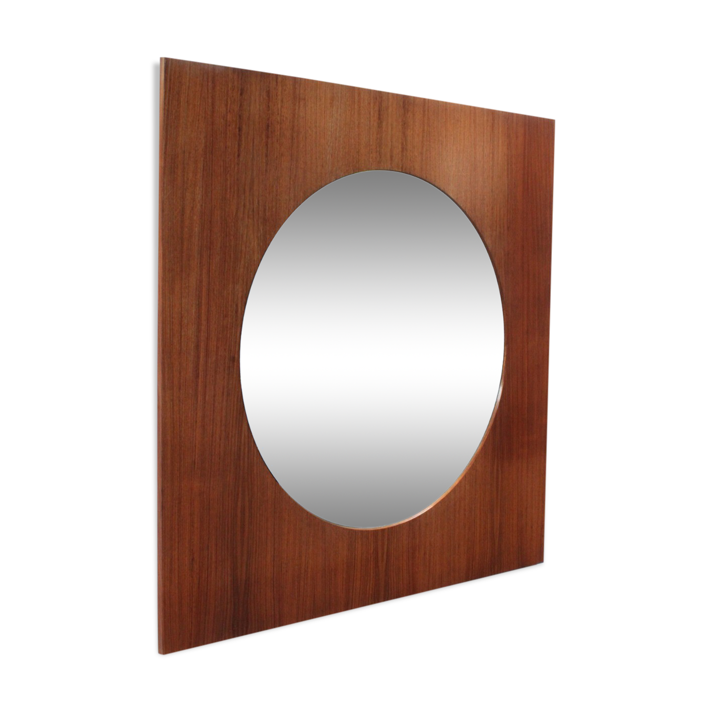 Large teak wooden mirror, round with a square frame, 1960s.