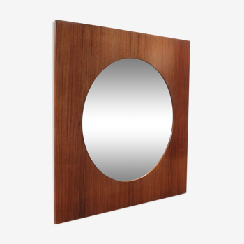 Miroir en bois de teck, rond avec un cadre carré, années 1960