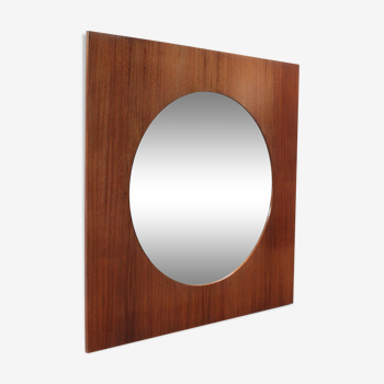 Large teak wooden mirror, round with a square frame, 1960s.