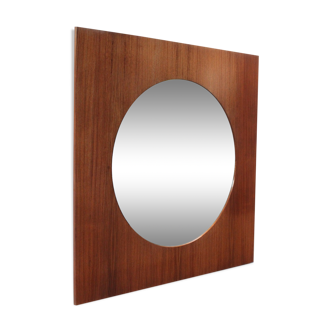 Large teak wooden mirror, round with a square frame, 1960s.