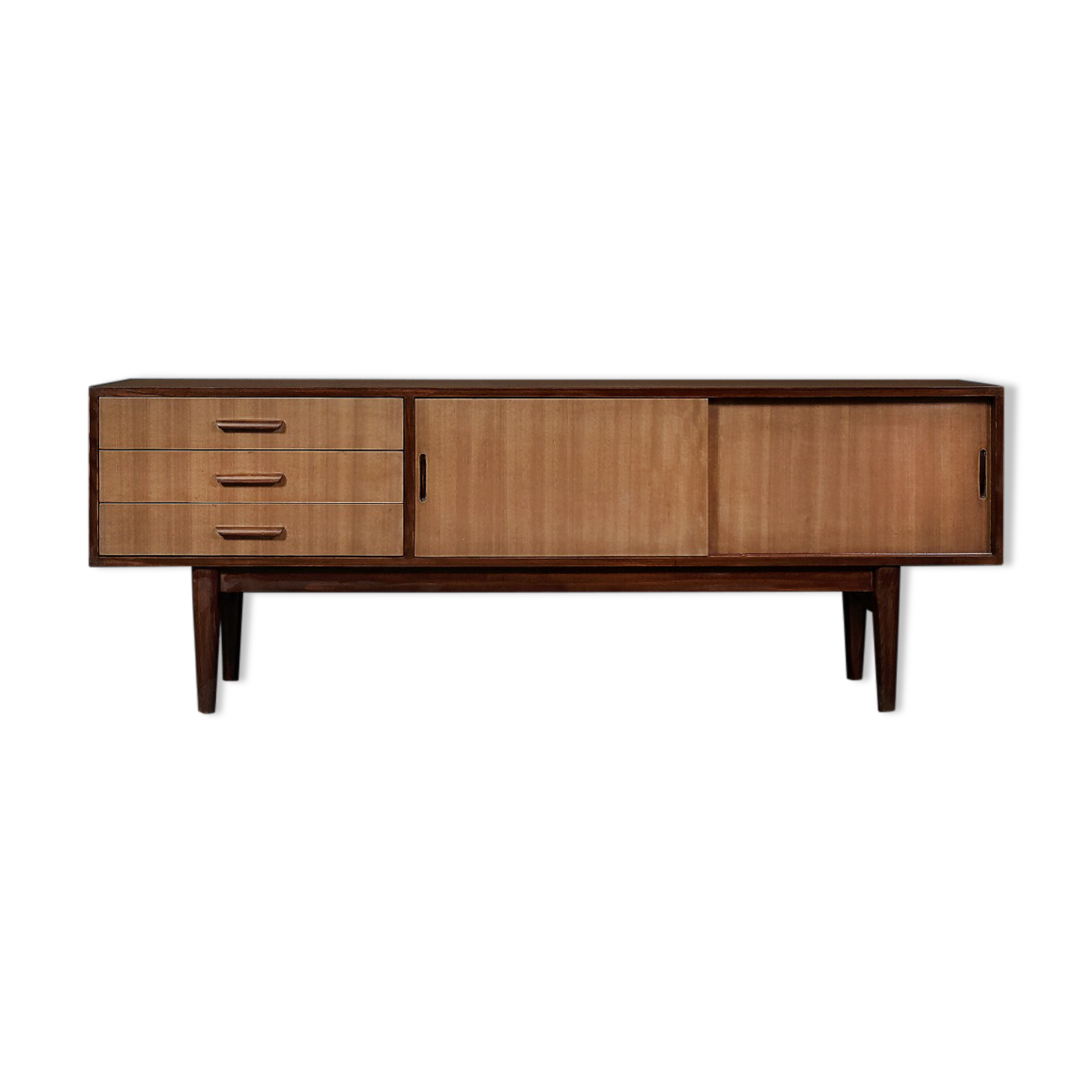 Classic vintage mid-century mahogany buffet with drawers, Danish Scandinavian style, 1970s.