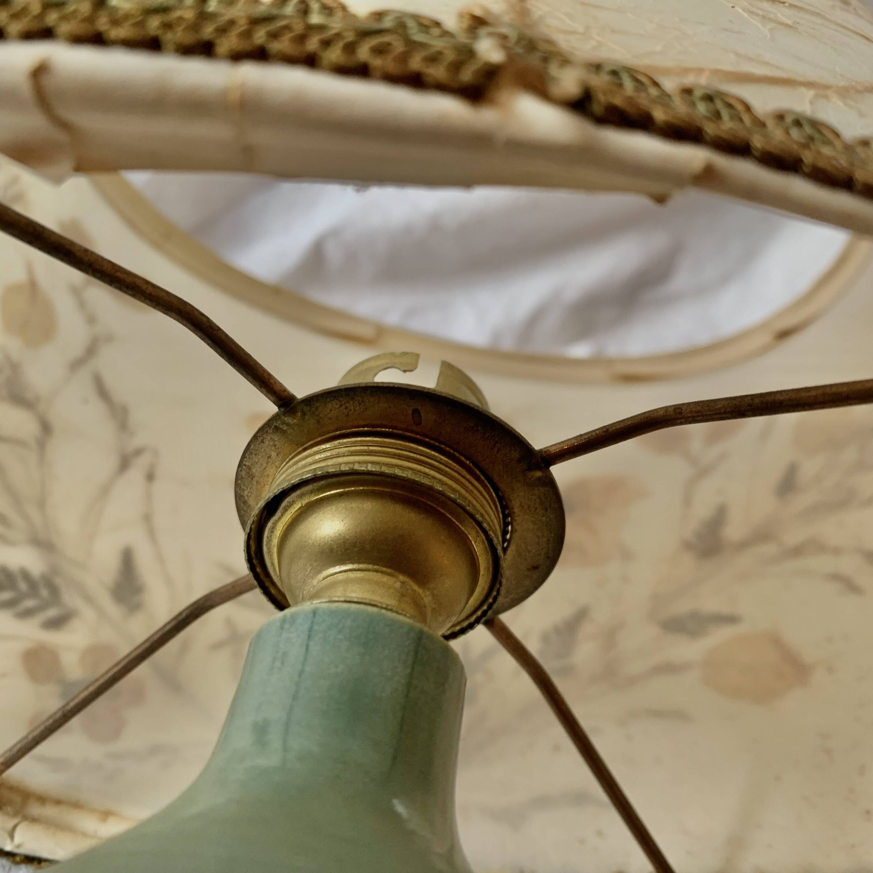 Old small green ceramic side lamp with dried flower lampshade