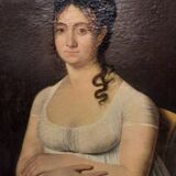 Portrait à l'huile d'une dame en robe blanche assise sur une tête de mort