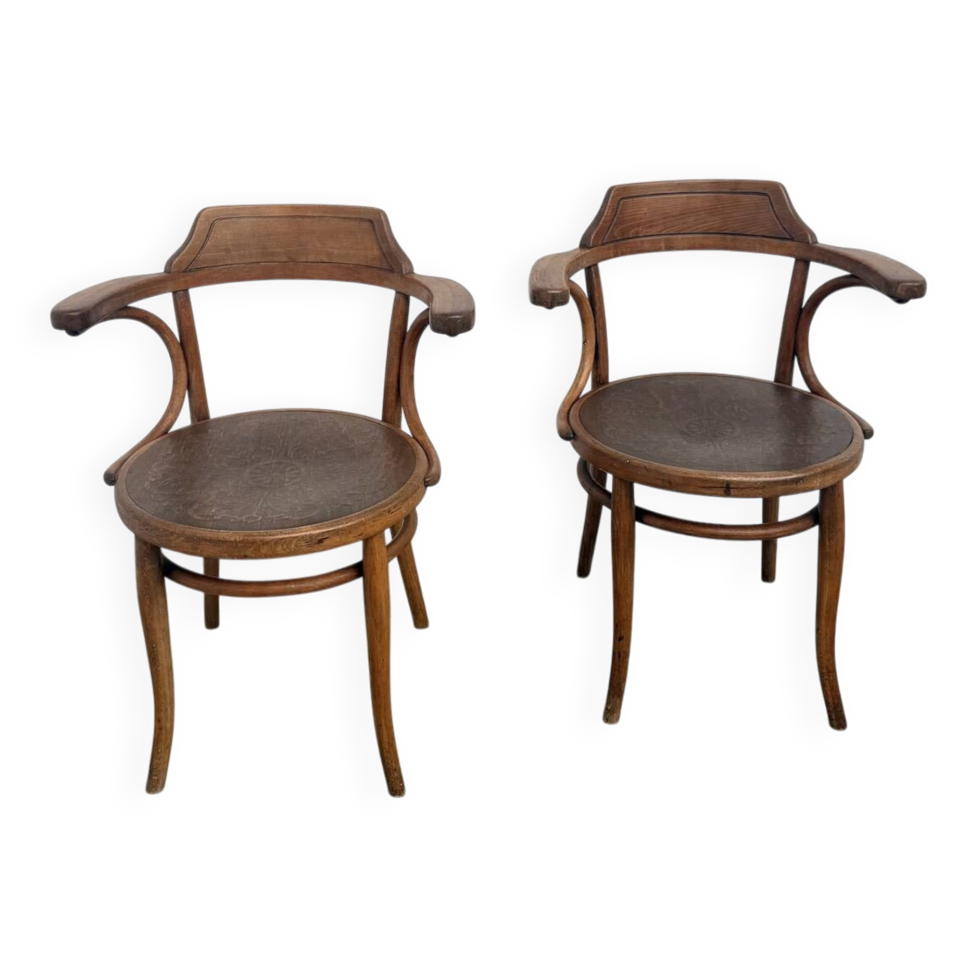 Paire de Fauteuils de Bureau Thonet – Hêtre Courbé & Assises Pyrogravées