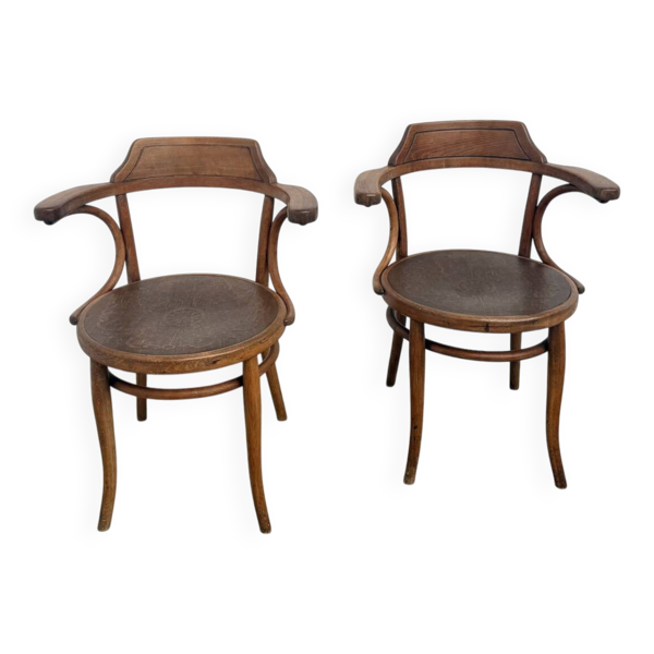 Paire de Fauteuils de Bureau Thonet – Hêtre Courbé & Assises Pyrogravées