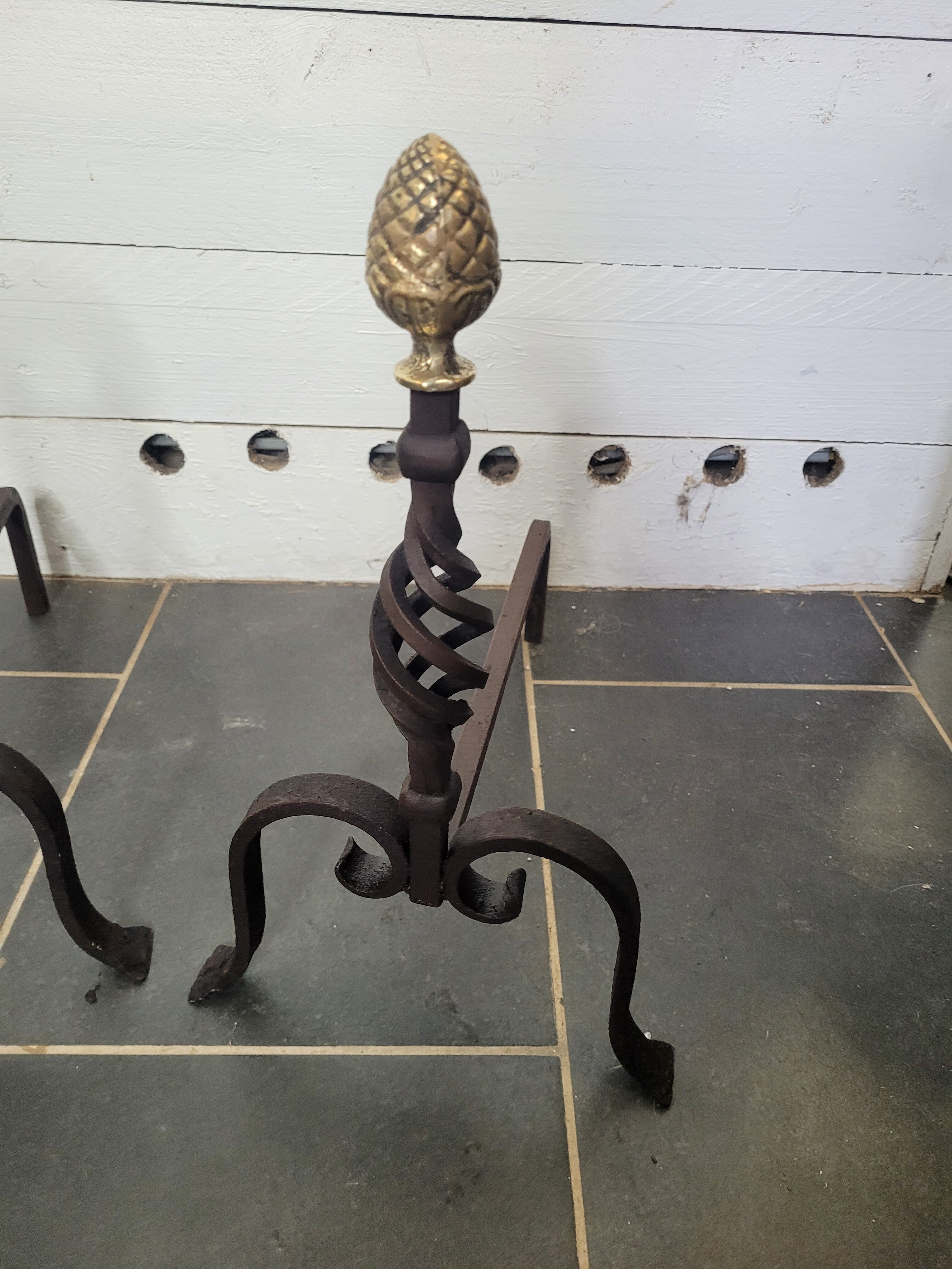 Old pair of wrought iron pegs with brass pine cone