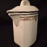 Old covered jug, vintage, geometric frieze with flowers and black trim.