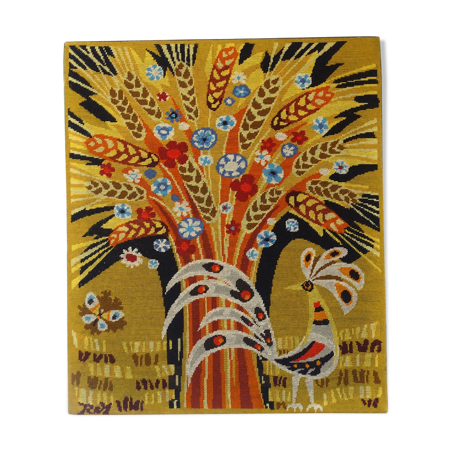 Wall tapestry "the rooster under the bouquet of wheat" signed Rey, circa 1970