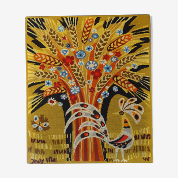 Wall tapestry "the rooster under the bouquet of wheat" signed Rey, circa 1970