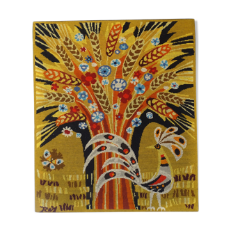 Wall tapestry "the rooster under the bouquet of wheat" signed Rey, circa 1970