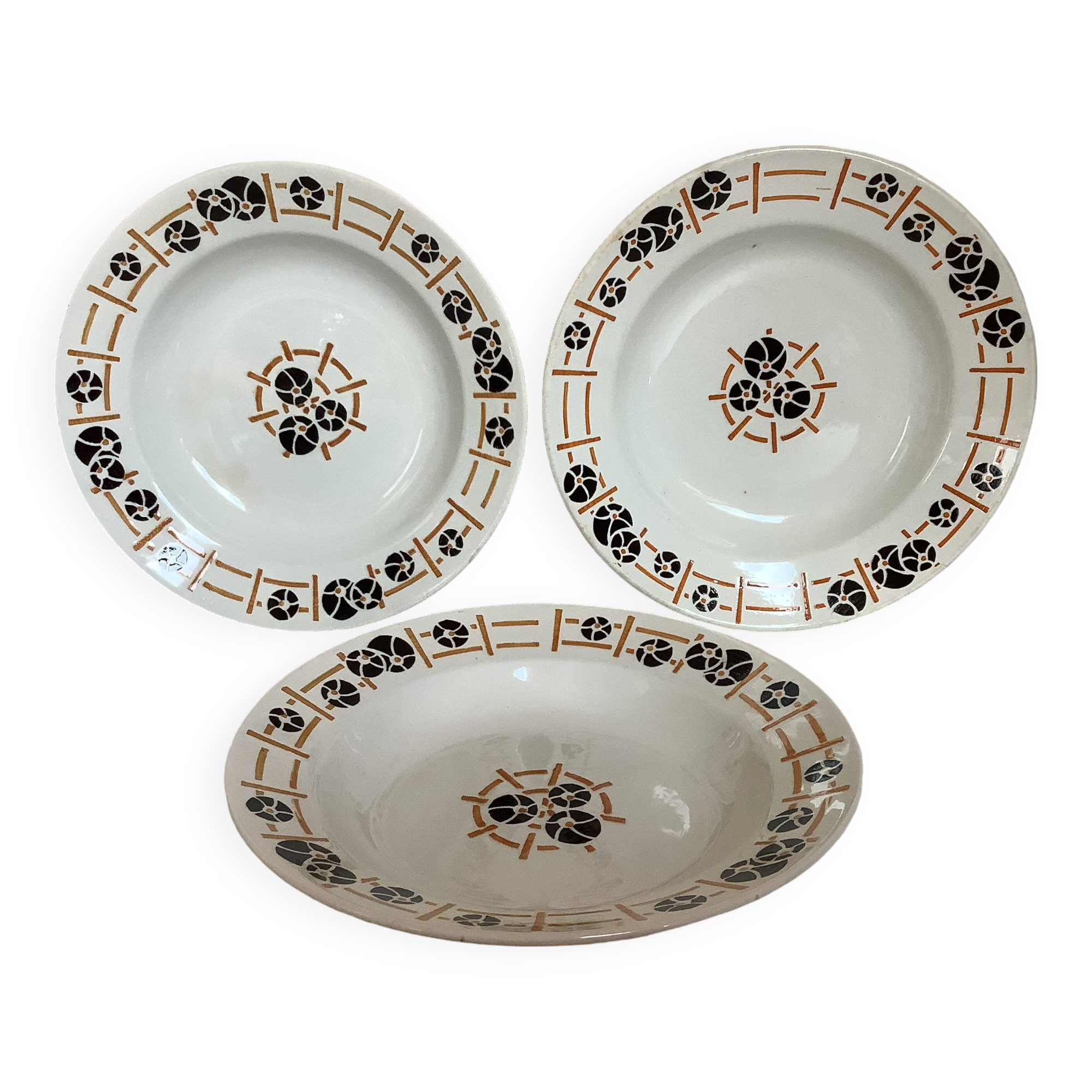Three old earthenware soup plates from the 1930s, water lilies model
