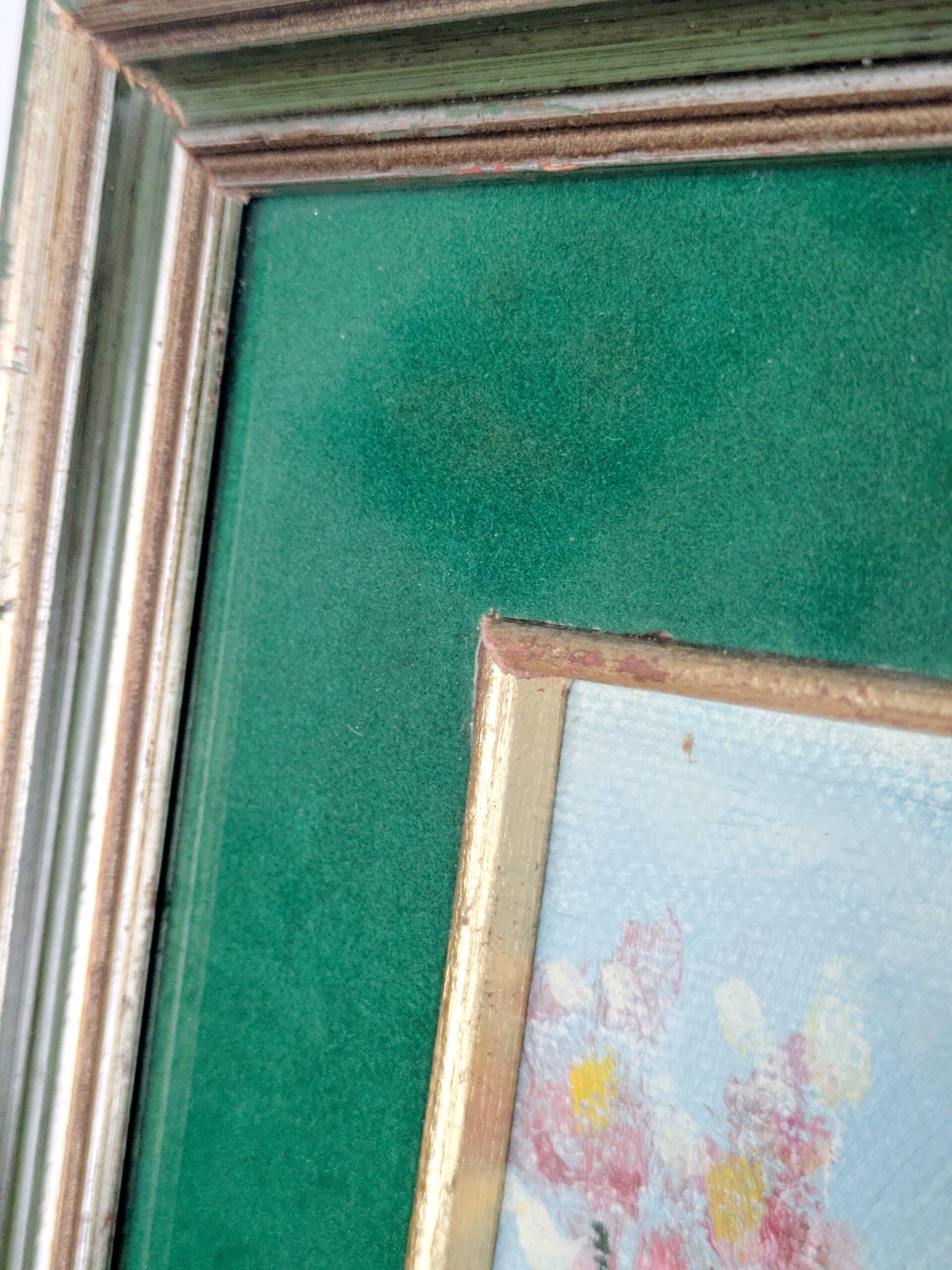 Vintage oil painting signed, robin, distressed frame.