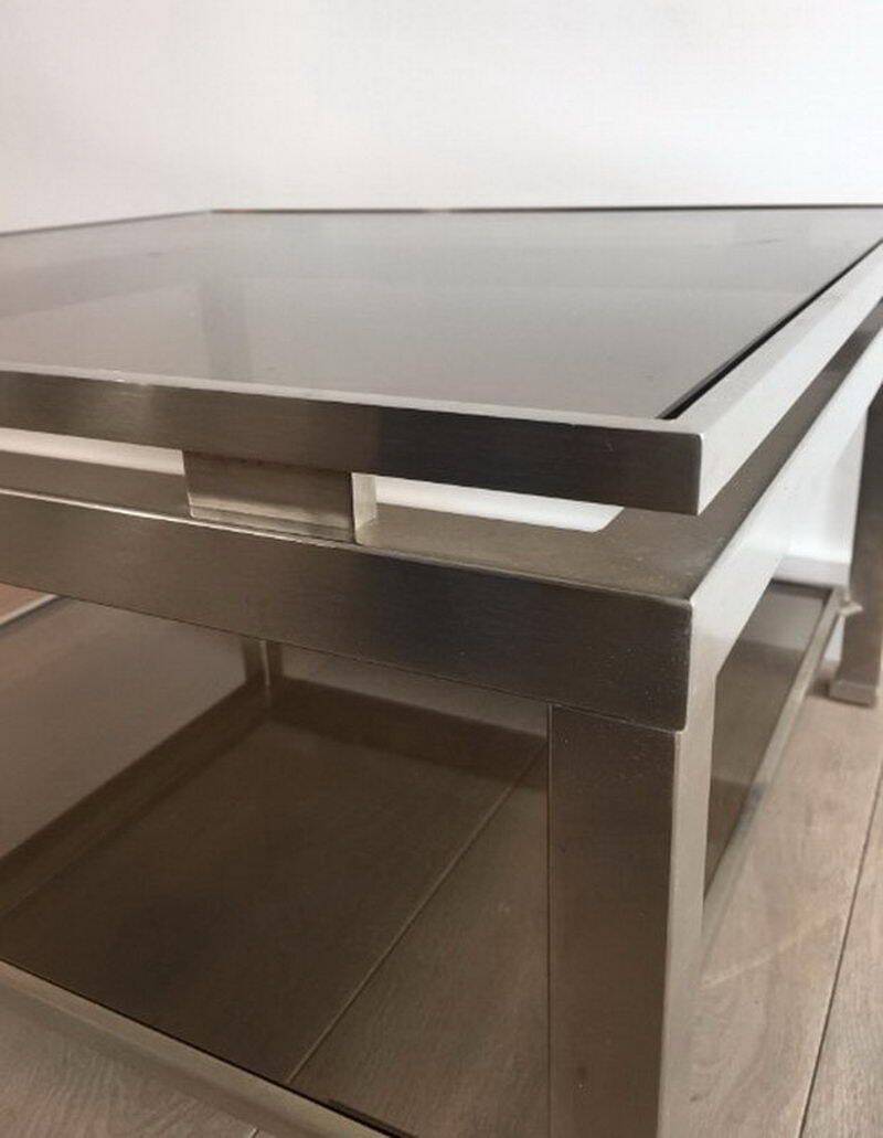 Pair of side tables in brushed steel. Guy Lefèvre for Maison Jansen