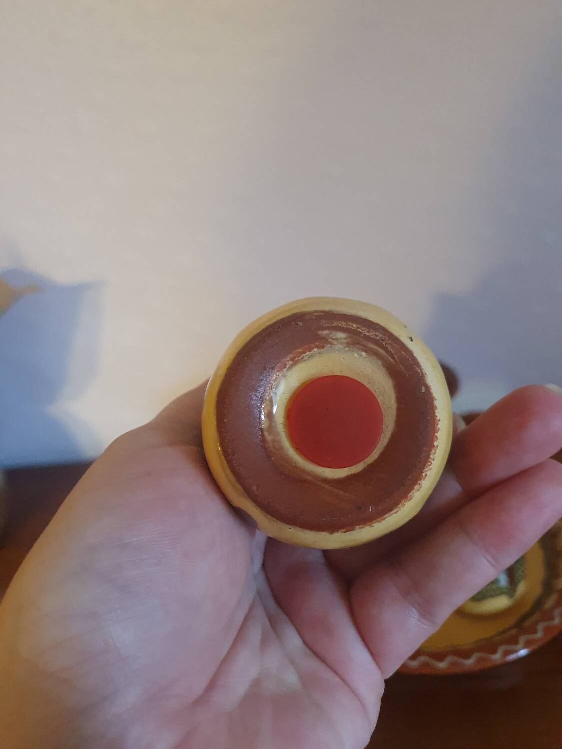 Salt pepper vinegar condiment service in vintage Bulgarian enameled pottery