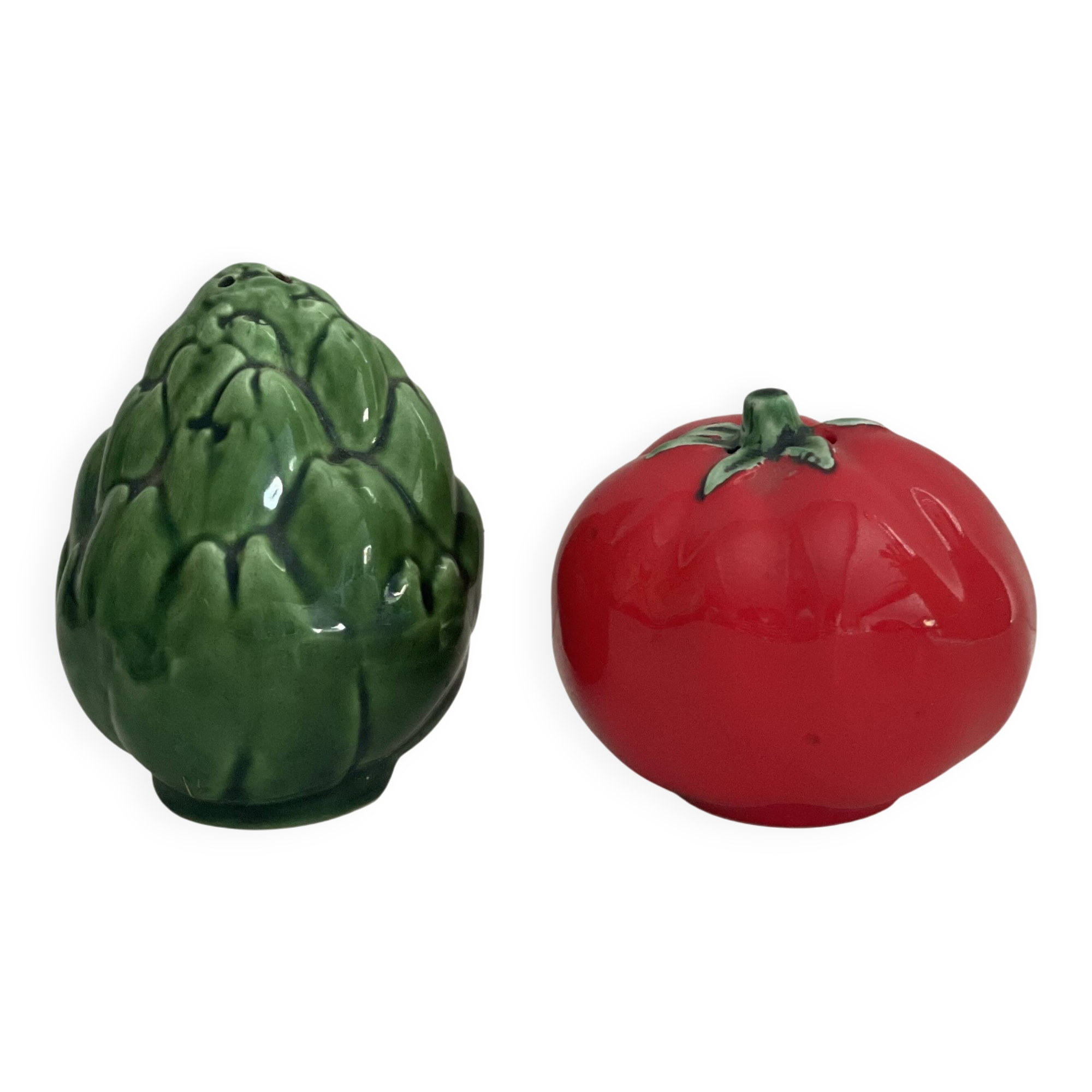 Ceramic artichoke tomato salt and pepper shakers in slip