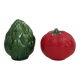 Ceramic artichoke tomato salt and pepper shakers in slip