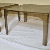 Pair of vintage smoked plexiglass coffee tables, minimalist design from the 1970s, 45 cm