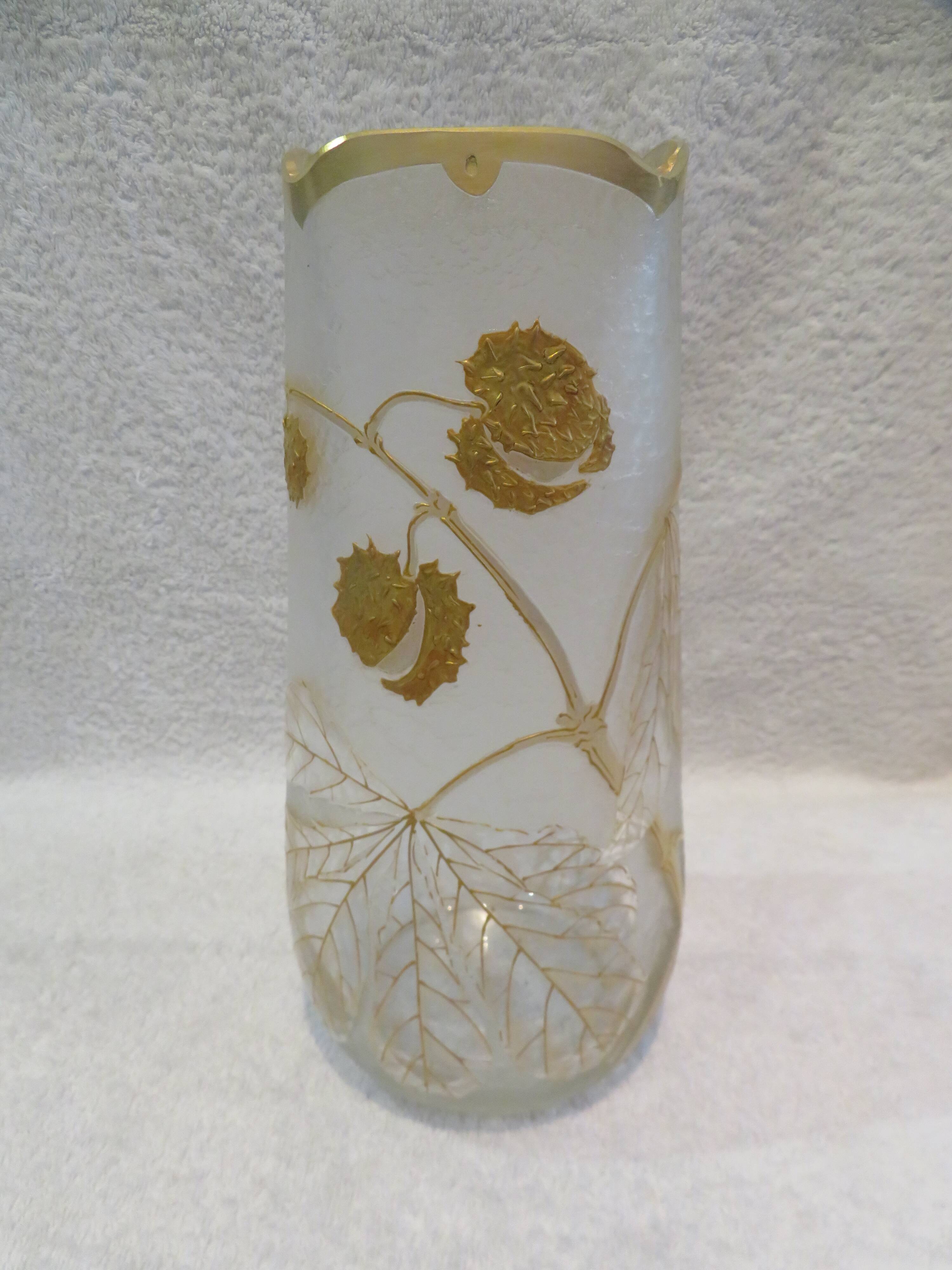 Beautiful acid-etched glass vase from Legras Saint Denis with chestnut tree decoration