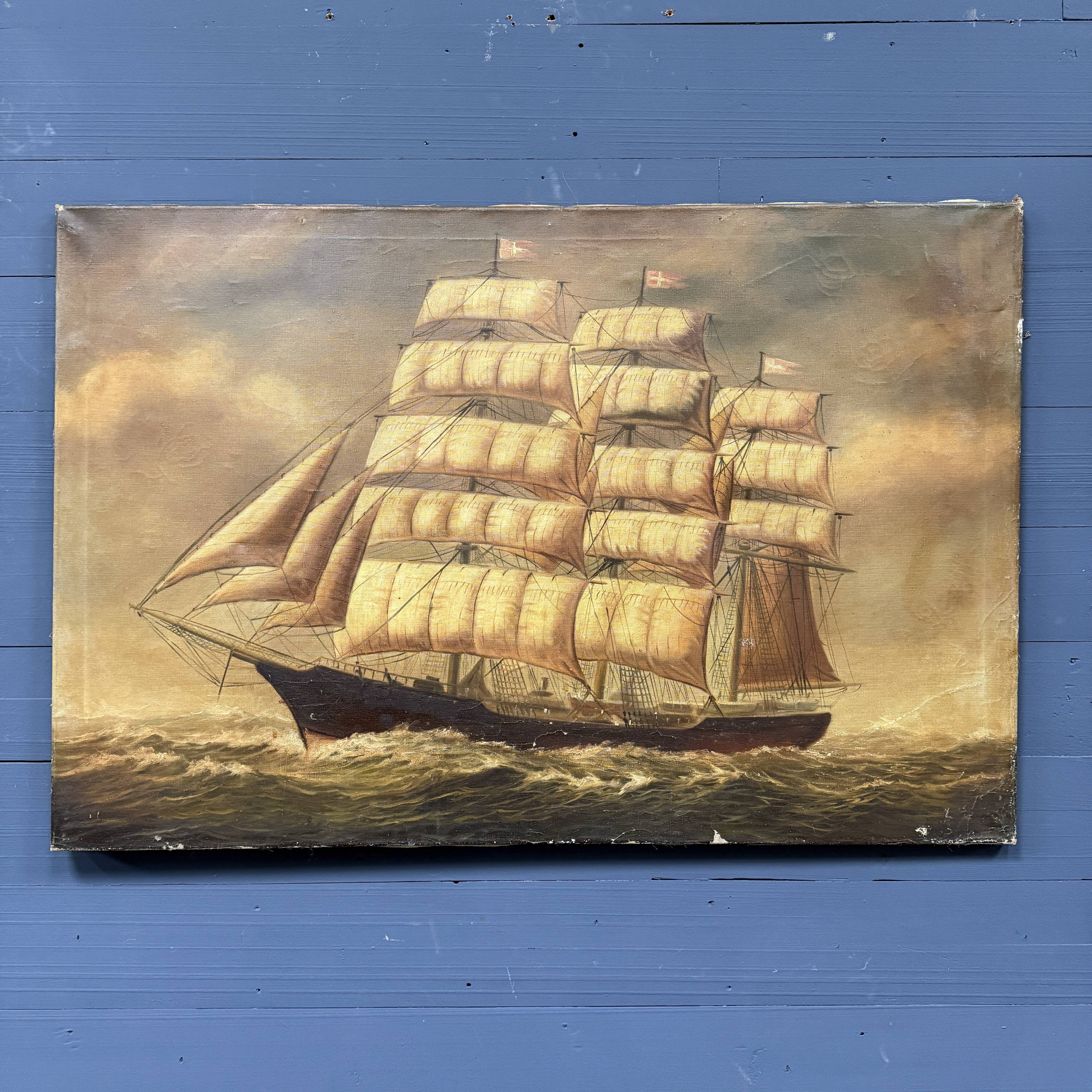 Large old oil painting of a ship