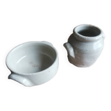 Set of 2 small glazed beige stoneware pots with handles