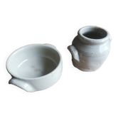 Set of 2 small glazed beige stoneware pots with handles